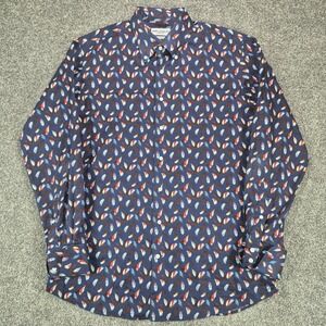 Spier & Mackay Handmade Dress Shirt Mens Large Navy Feather Print Custom Fit
